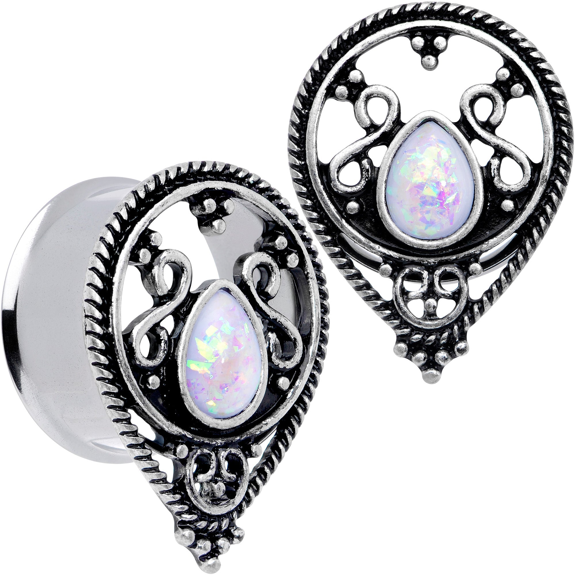 BodyCandy White Faux Opal Filigree Double Flare Plug Set — fabric or material detail