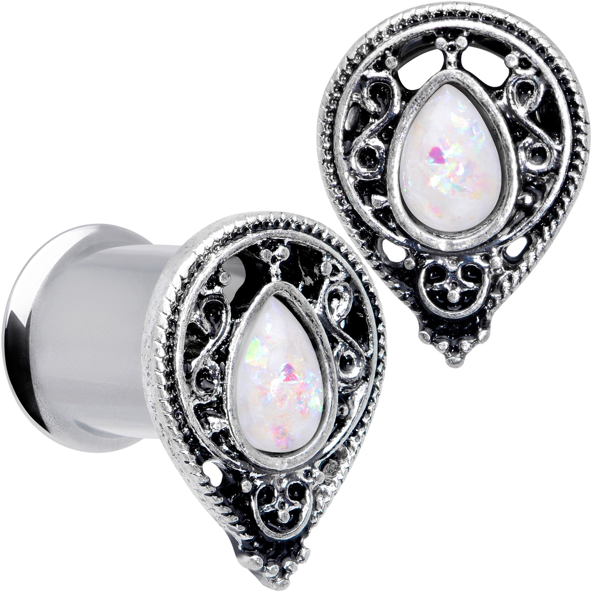 BodyCandy White Faux Opal Filigree Double Flare Plug Set — alternative angle