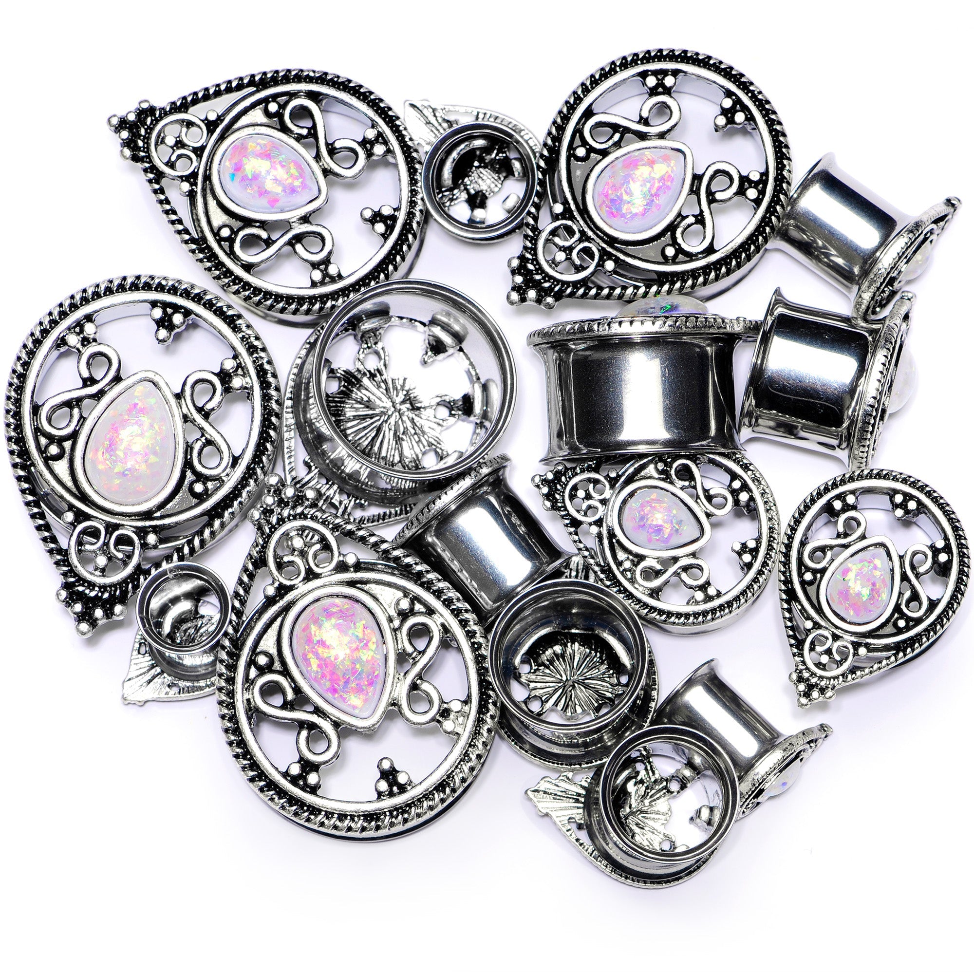 BodyCandy White Faux Opal Filigree Double Flare Plug Set — main product shot