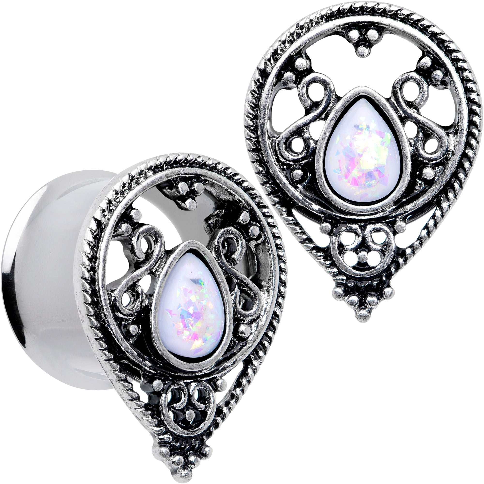 BodyCandy White Faux Opal Filigree Double Flare Plug Set — detail close-up