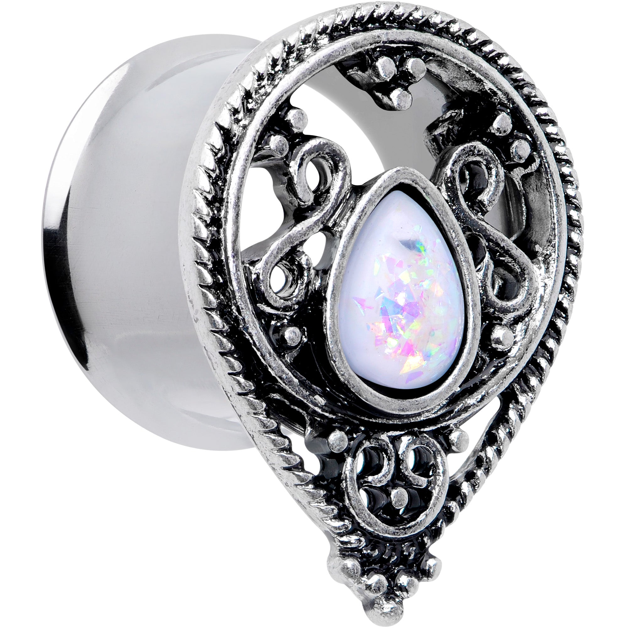 BodyCandy White Faux Opal Filigree Double Flare Plug Set — lifestyle context