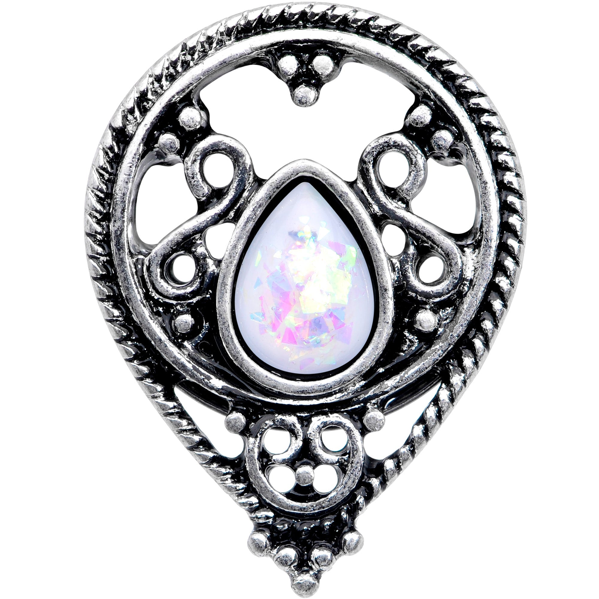 BodyCandy White Faux Opal Filigree Double Flare Plug Set — side view