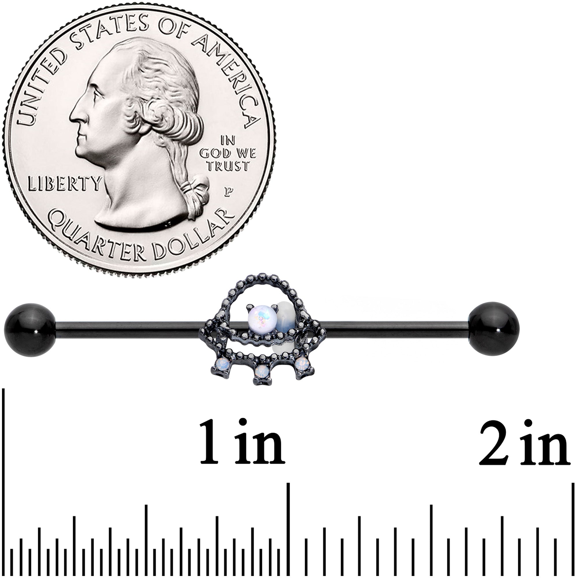 BodyCandy 14G Black White Faux Opal UFO Industrial Barbell 38mm — detail close-up