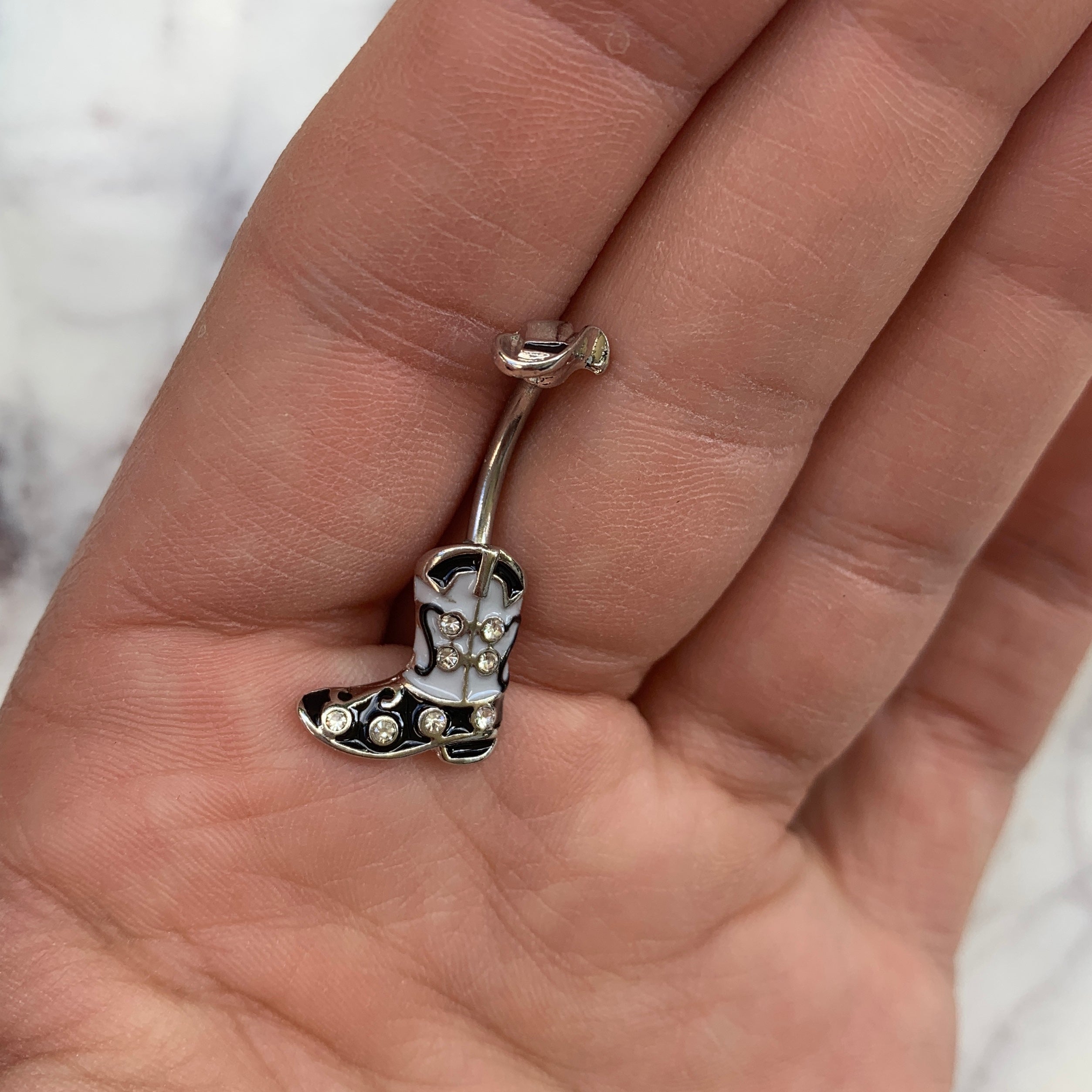 BodyCandy Clear Gem Western Boot Hat Belly Ring — detail close-up