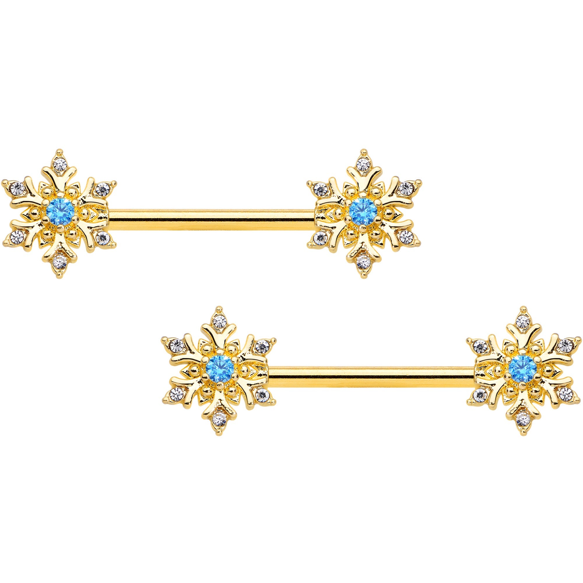 BodyCandy 14G 9/16 Blue CZ Gem Gold Tone Snowflake Barbell Nipple Ring Set — main product shot
