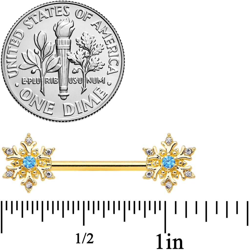 BodyCandy 14G 9/16 Blue CZ Gem Gold Tone Snowflake Barbell Nipple Ring Set — detail close-up