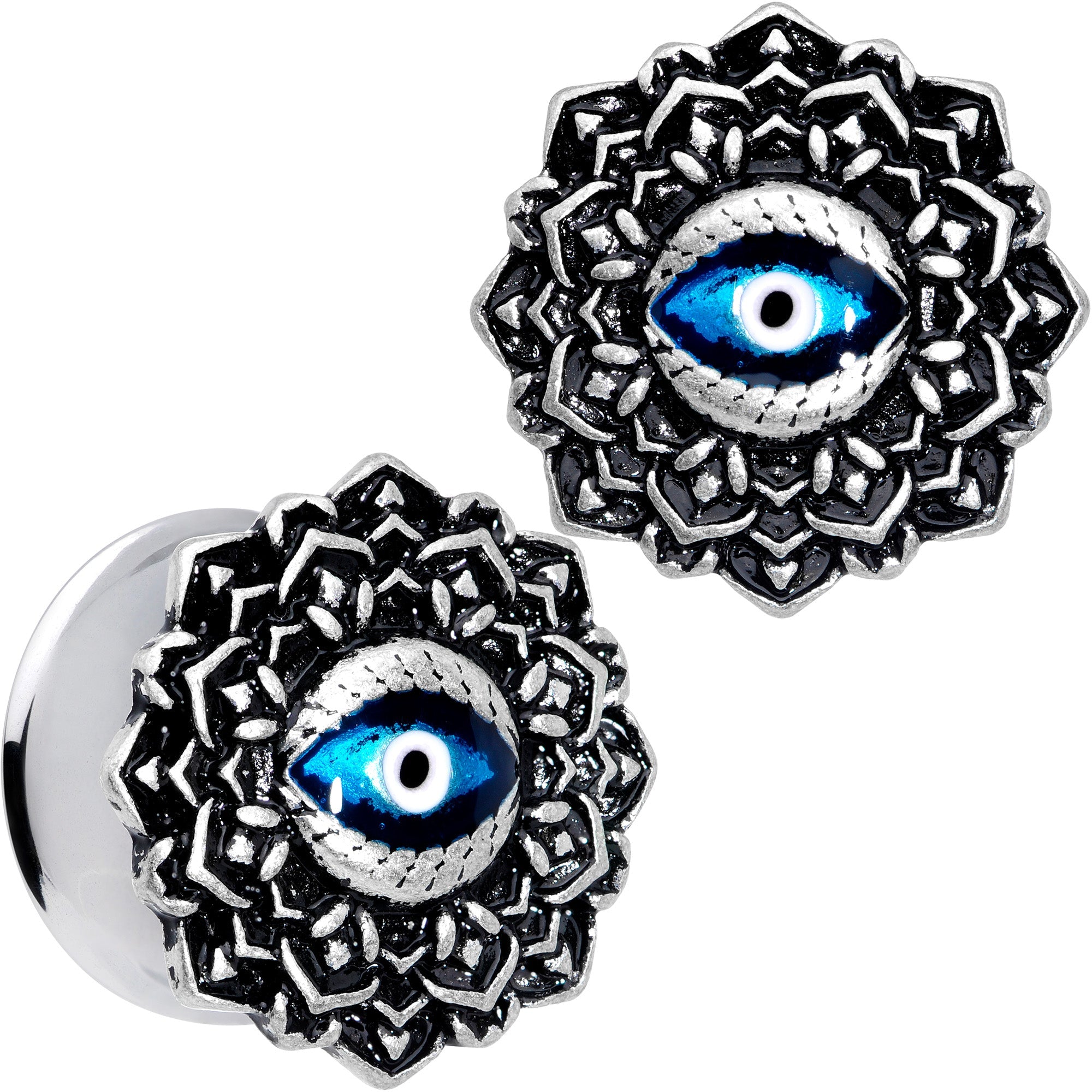 BodyCandy Blue White Evil Eye Mandala Double Flare Plug Set — fabric or material detail