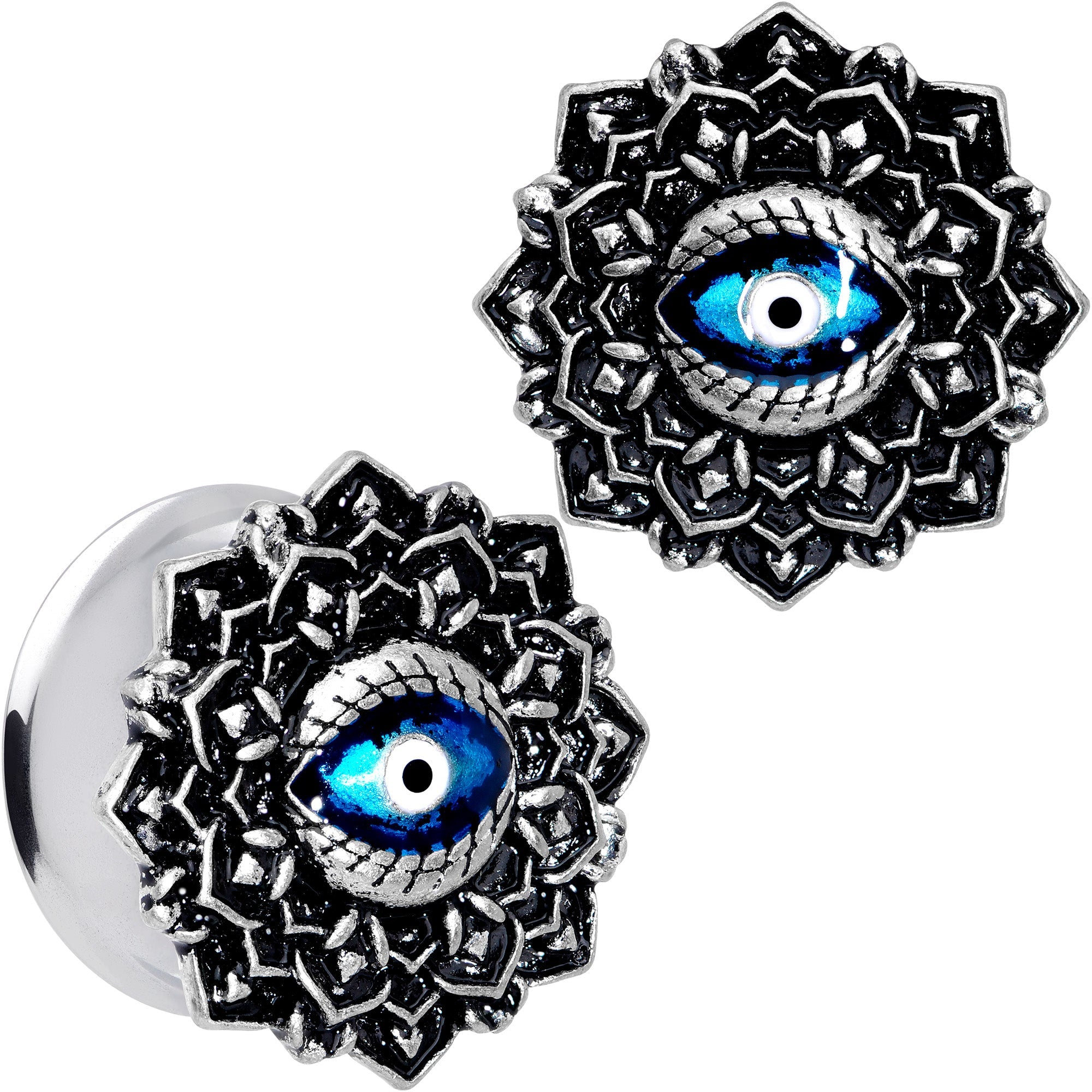 BodyCandy Blue White Evil Eye Mandala Double Flare Plug Set — feature highlight