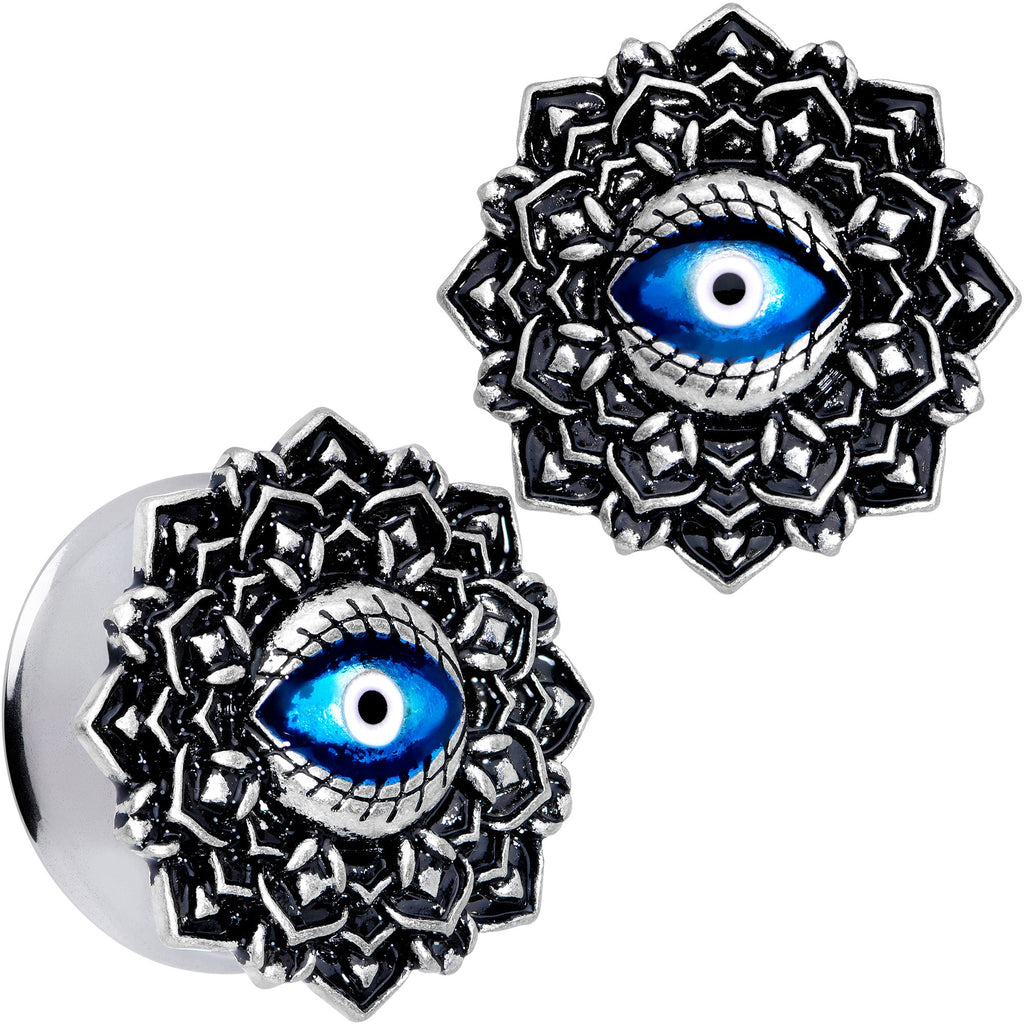 BodyCandy Blue White Evil Eye Mandala Double Flare Plug Set — product on model