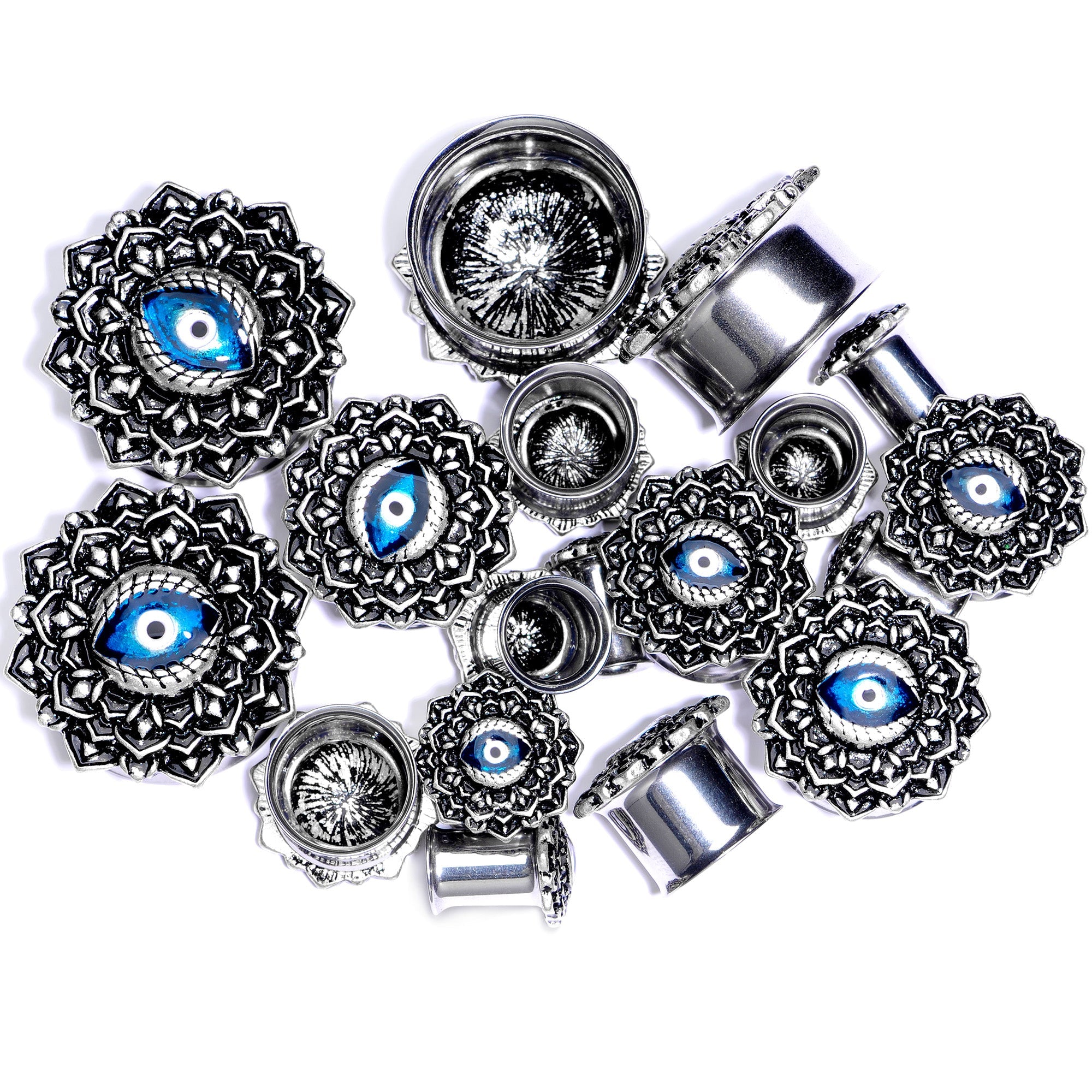 BodyCandy Blue White Evil Eye Mandala Double Flare Plug Set — main product shot