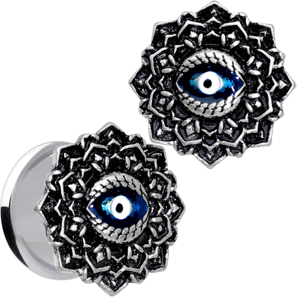 BodyCandy Blue White Evil Eye Mandala Double Flare Plug Set — detail close-up