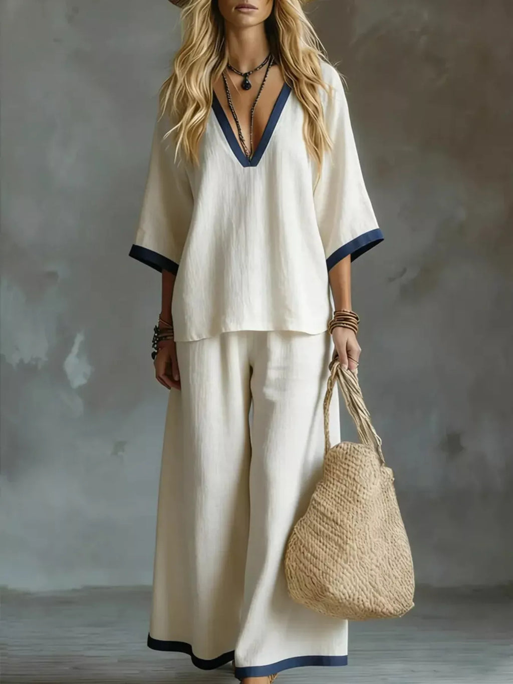 Contrast Trim V-Neck Top and Pants Set
