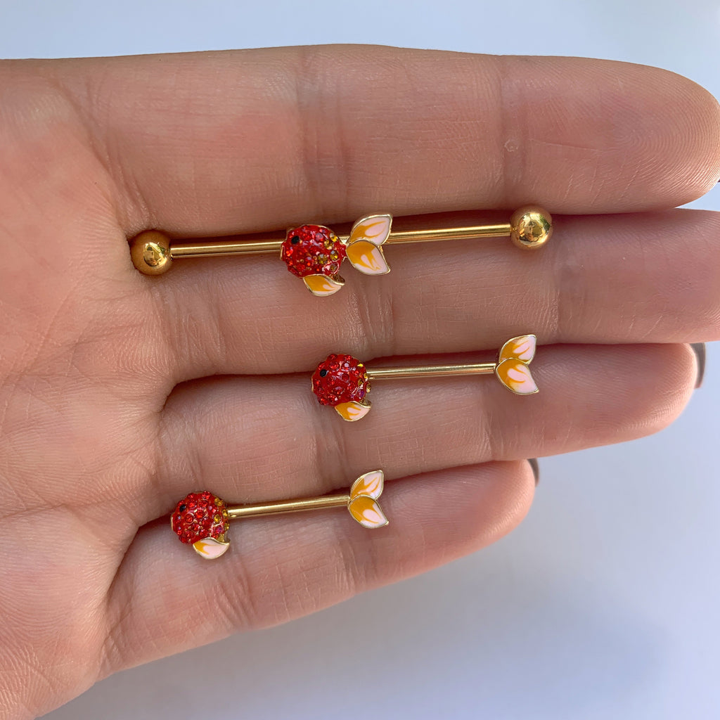 BodyCandy 14G Red Gem Gold Tone Blowfish Industrial Barbell 38mm — detail close-up