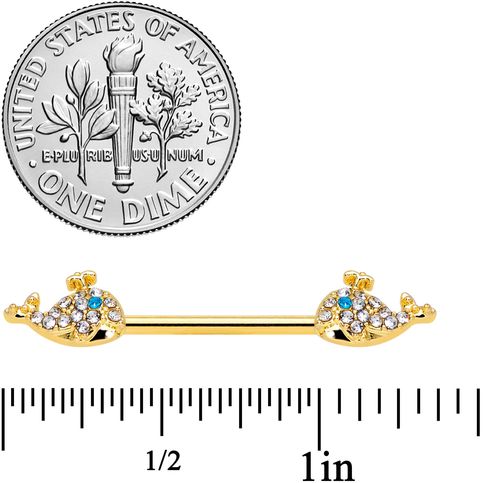 BodyCandy 14G 5/8 Blue CZ Gem Gold Tone Whale Barbell Nipple Ring Set — detail close-up