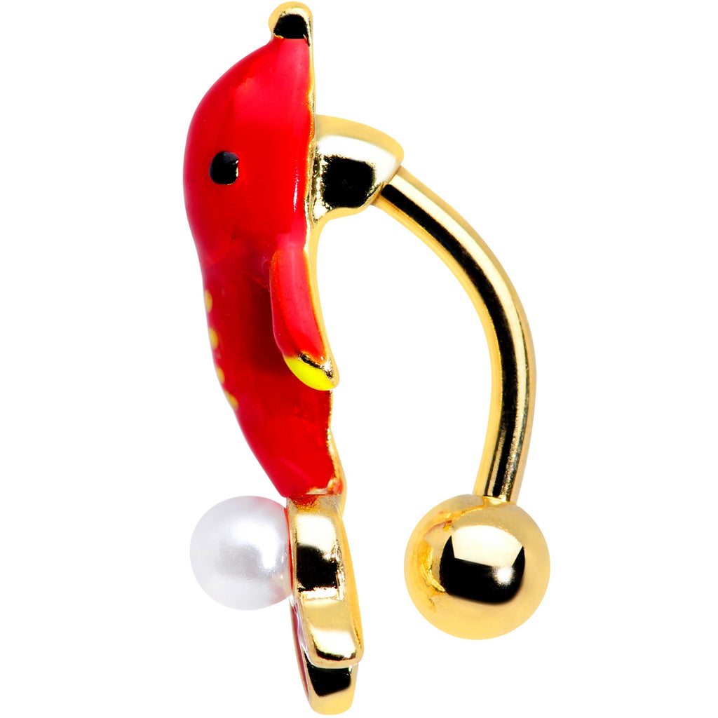 BodyCandy Gold Tone Red Dolphin Top Mount Belly Ring — detail close-up