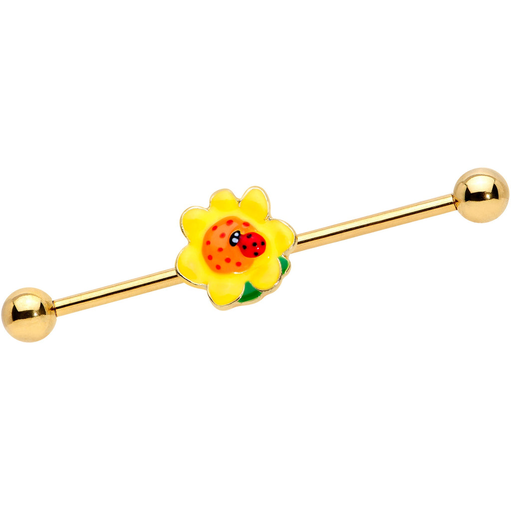 BodyCandy 14G Gold Tone Sunny Flower Ladybug Industrial Barbell 38mm — main product shot