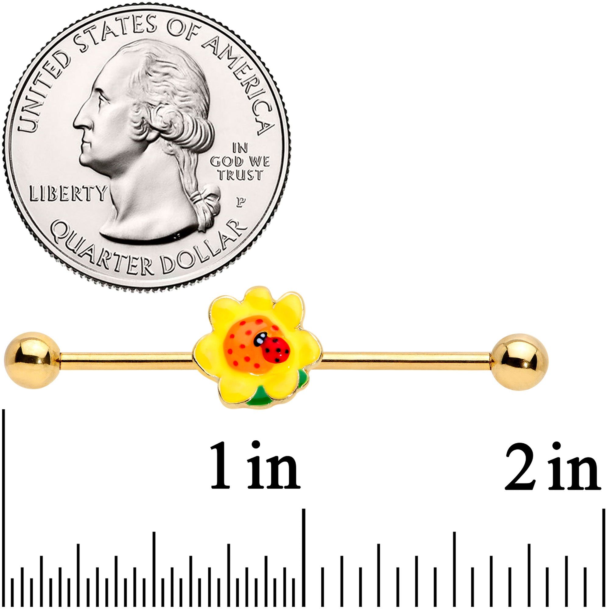 BodyCandy 14G Gold Tone Sunny Flower Ladybug Industrial Barbell 38mm — detail close-up