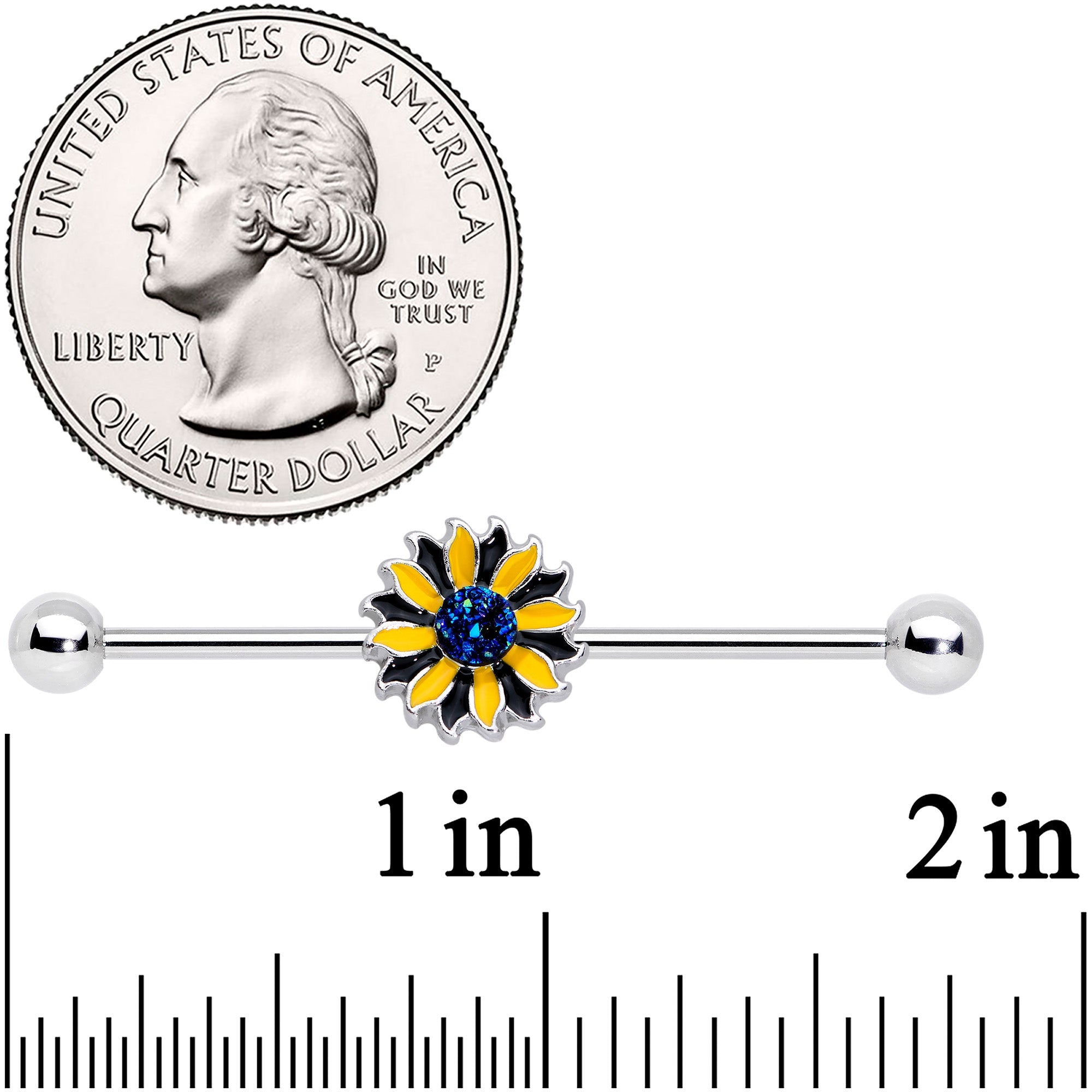 BodyCandy 14G Blue Faux Druzy Yellow Sunflower Industrial Barbell 38mm — lifestyle context