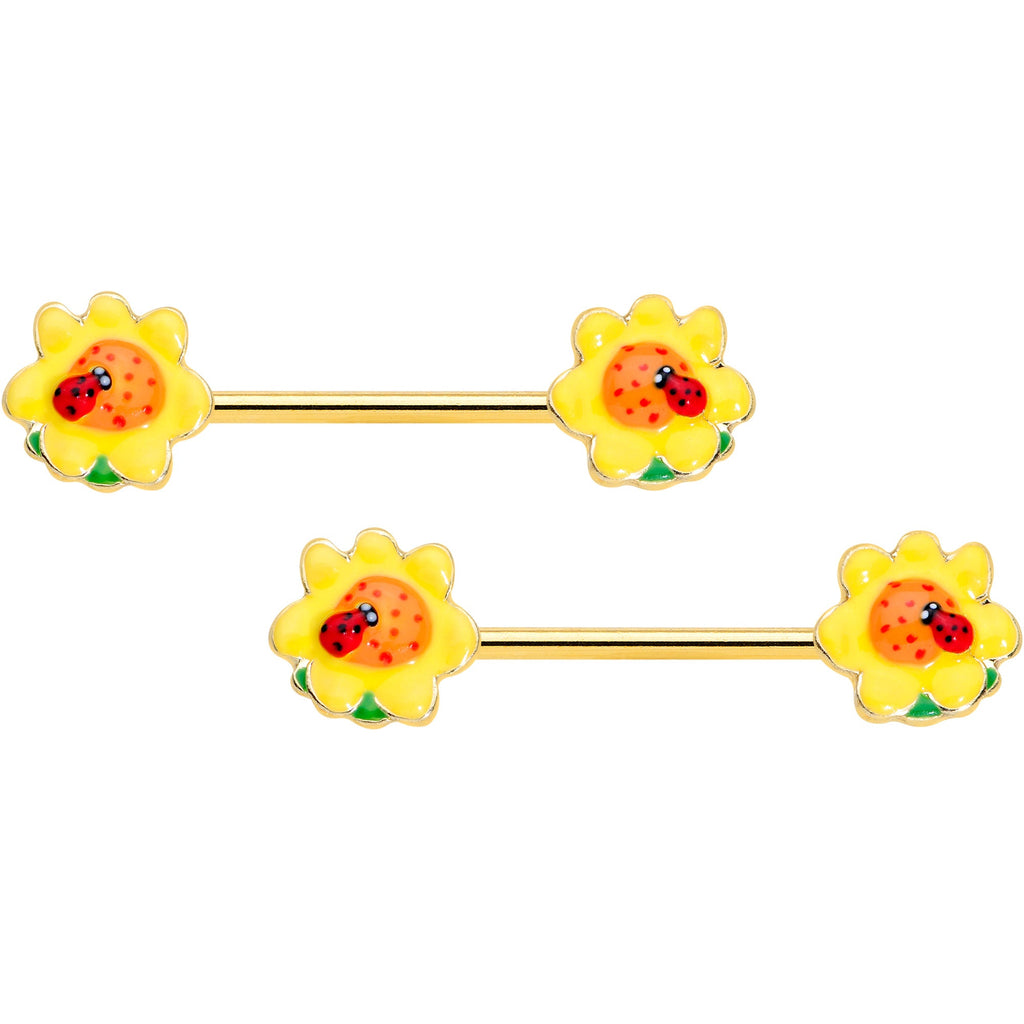 BodyCandy 14G 5/8 Gold Tone Sunny Flower Ladybug Barbell Nipple Ring Set — main product shot