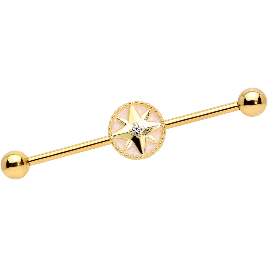 BodyCandy 14G Clear Gem Gold Tone Sailors Compass Industrial Barbell 38mm — main product shot