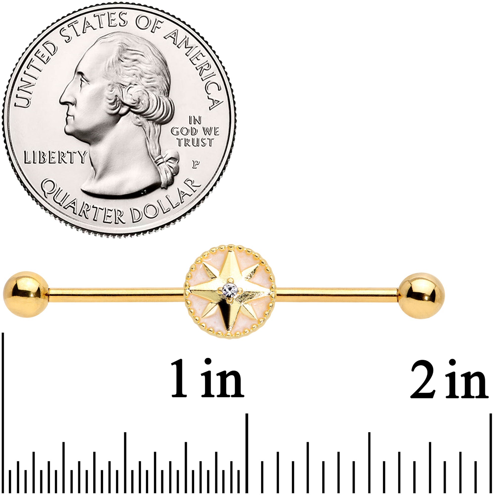 BodyCandy 14G Clear Gem Gold Tone Sailors Compass Industrial Barbell 38mm — detail close-up
