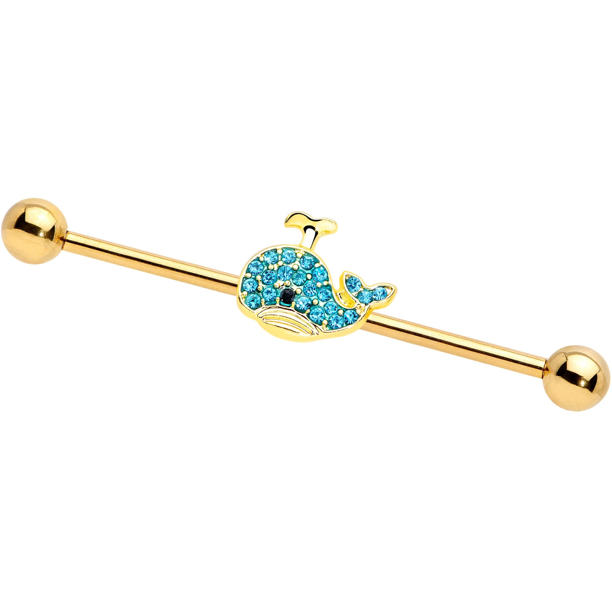 BodyCandy 14G Aqua Gem Gold Tone What A Whale Industrial Barbell 38mm — main product shot