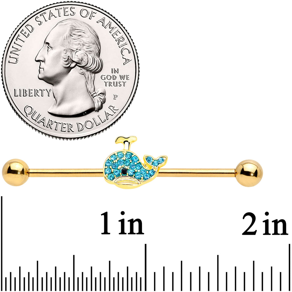 BodyCandy 14G Aqua Gem Gold Tone What A Whale Industrial Barbell 38mm — detail close-up
