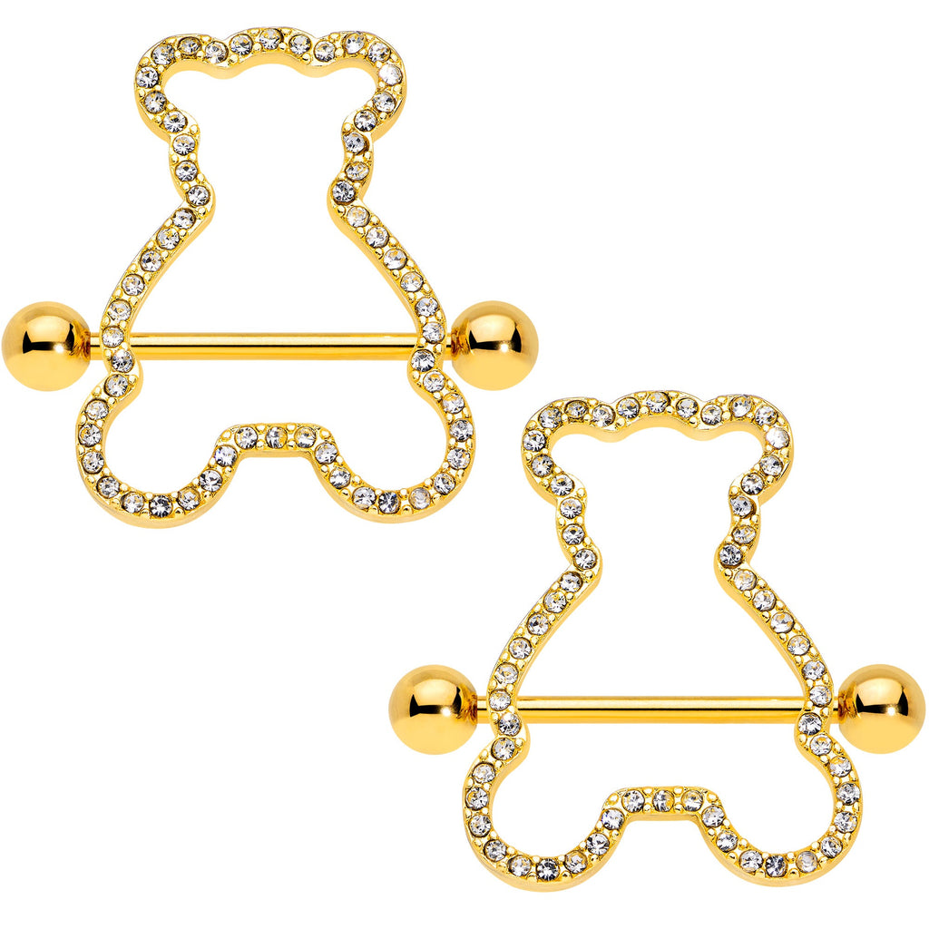 BodyCandy 14G 5/8 Clear Gem Gold Tone Teddy Bear Nipple Shield Set — main product shot