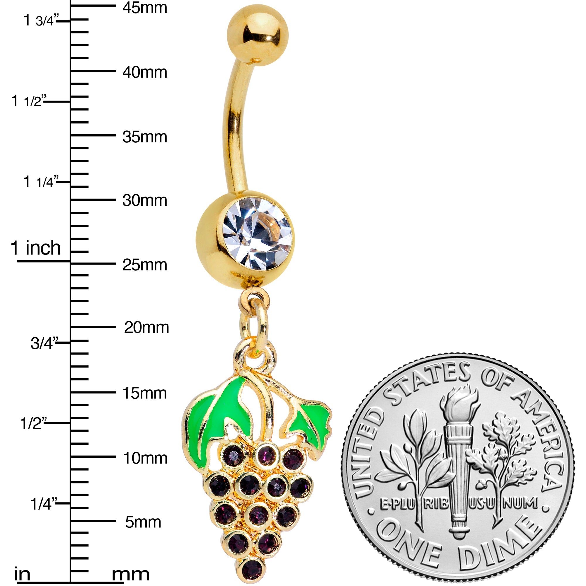 BodyCandy Clear Gem Gold Tone Delicious Grapes Dangle Belly Ring — detail close-up