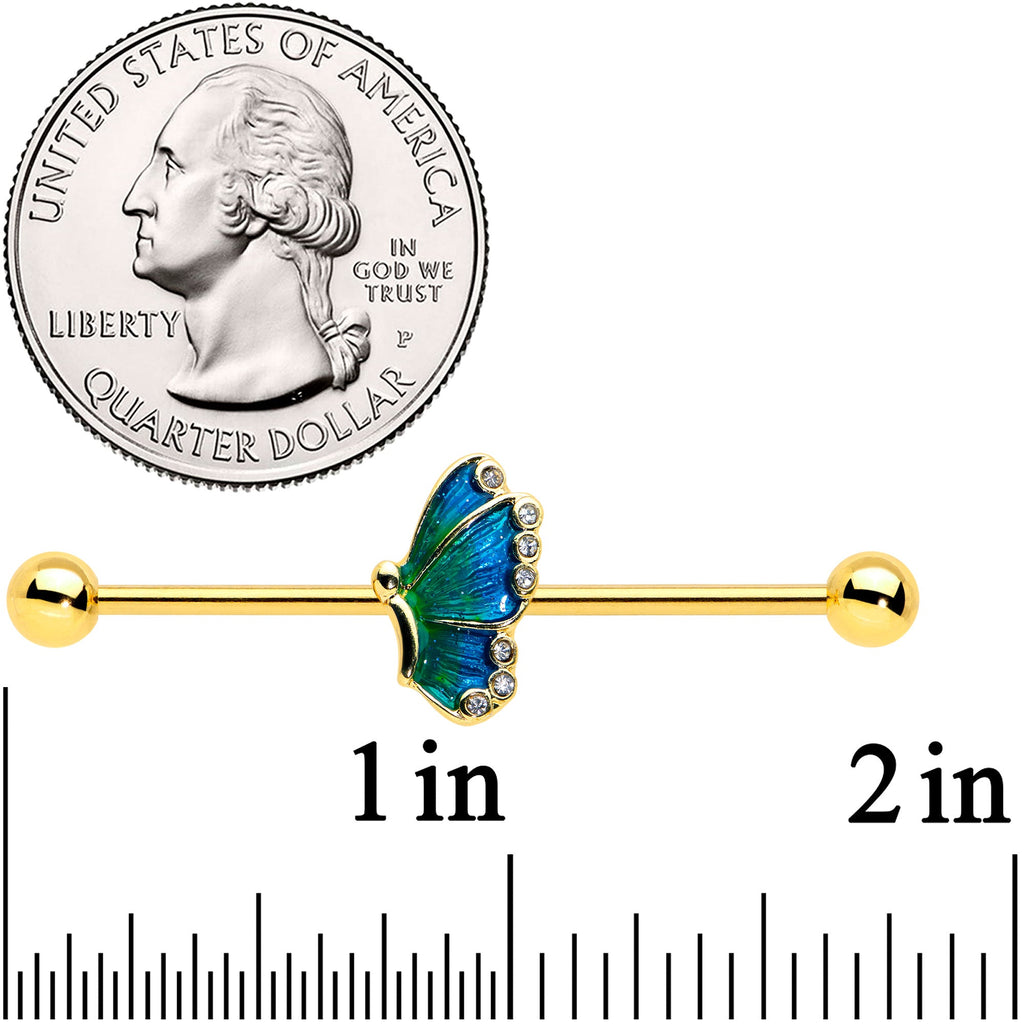 BodyCandy 14G Gold Tone Ombre Blue Butterfly Industrial Barbell 38mm — detail close-up