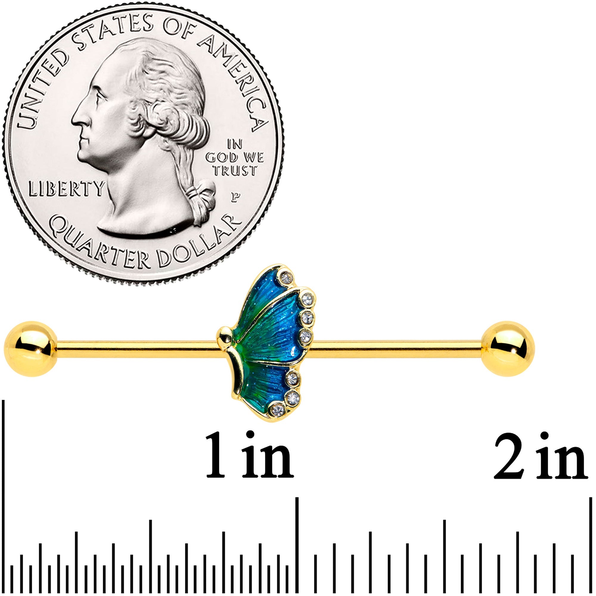 BodyCandy 14G Gold Tone Ombre Blue Butterfly Industrial Barbell 38mm — detail close-up
