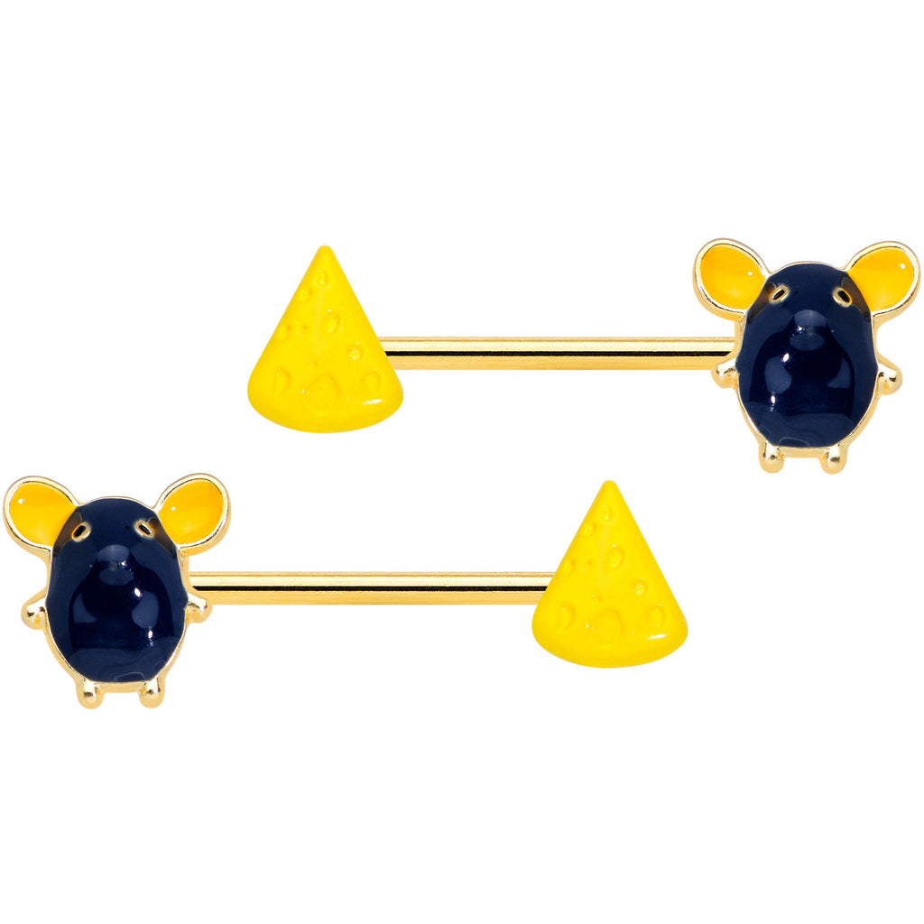 BodyCandy 14G 9/16 Gold Tone Black Mouse Cheese Barbell Nipple Ring Set — main product shot