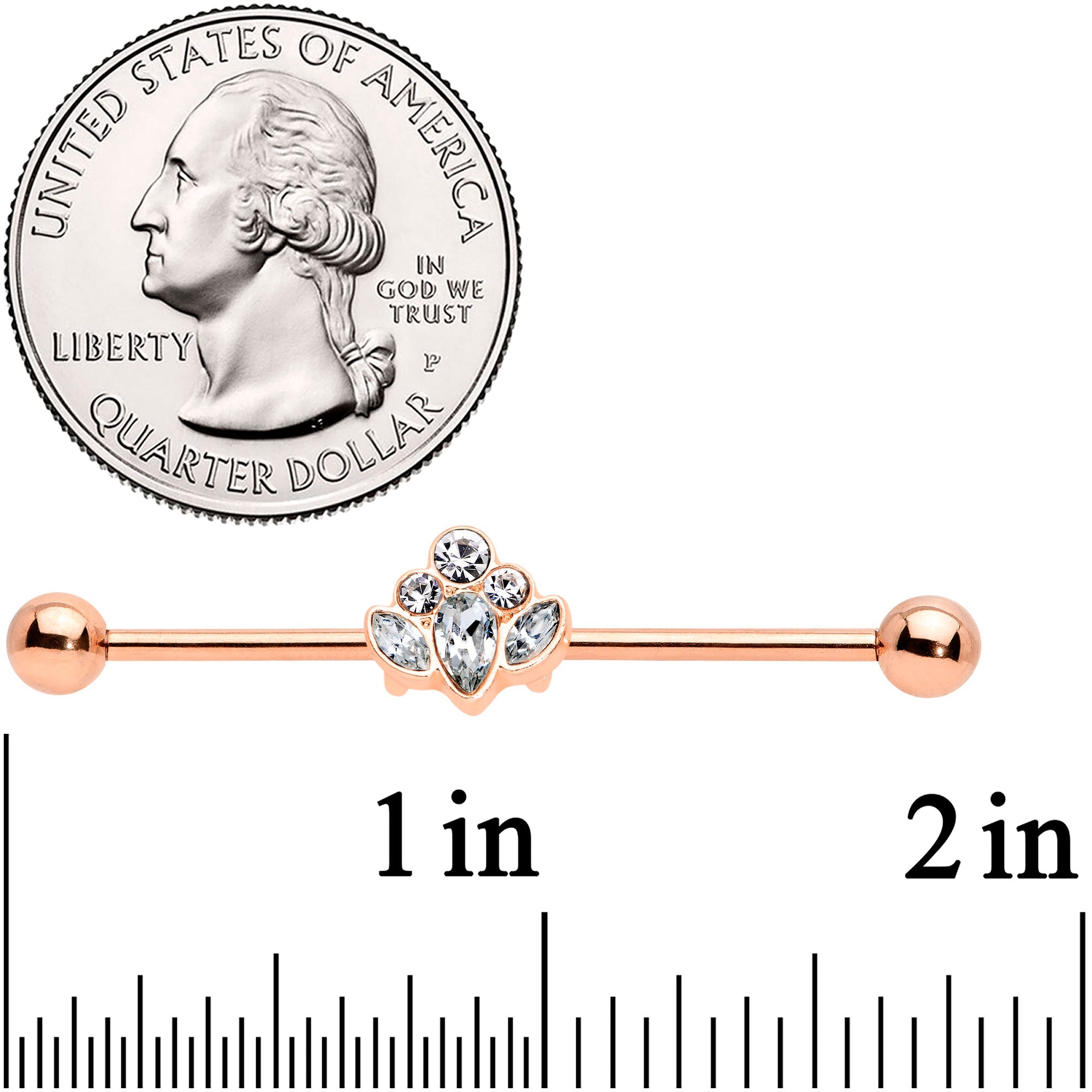 BodyCandy 14G Clear Gem Rose Gold Hue Anodized Cluster Industrial Barbell 38mm — lifestyle context