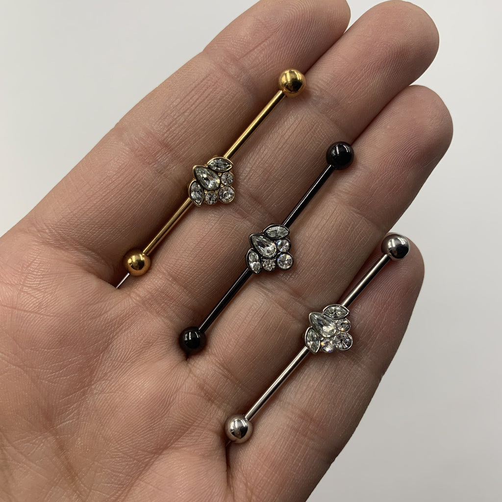 BodyCandy 14G Clear Gem Gold Tone Anodized Cluster Industrial Barbell 38mm — lifestyle context