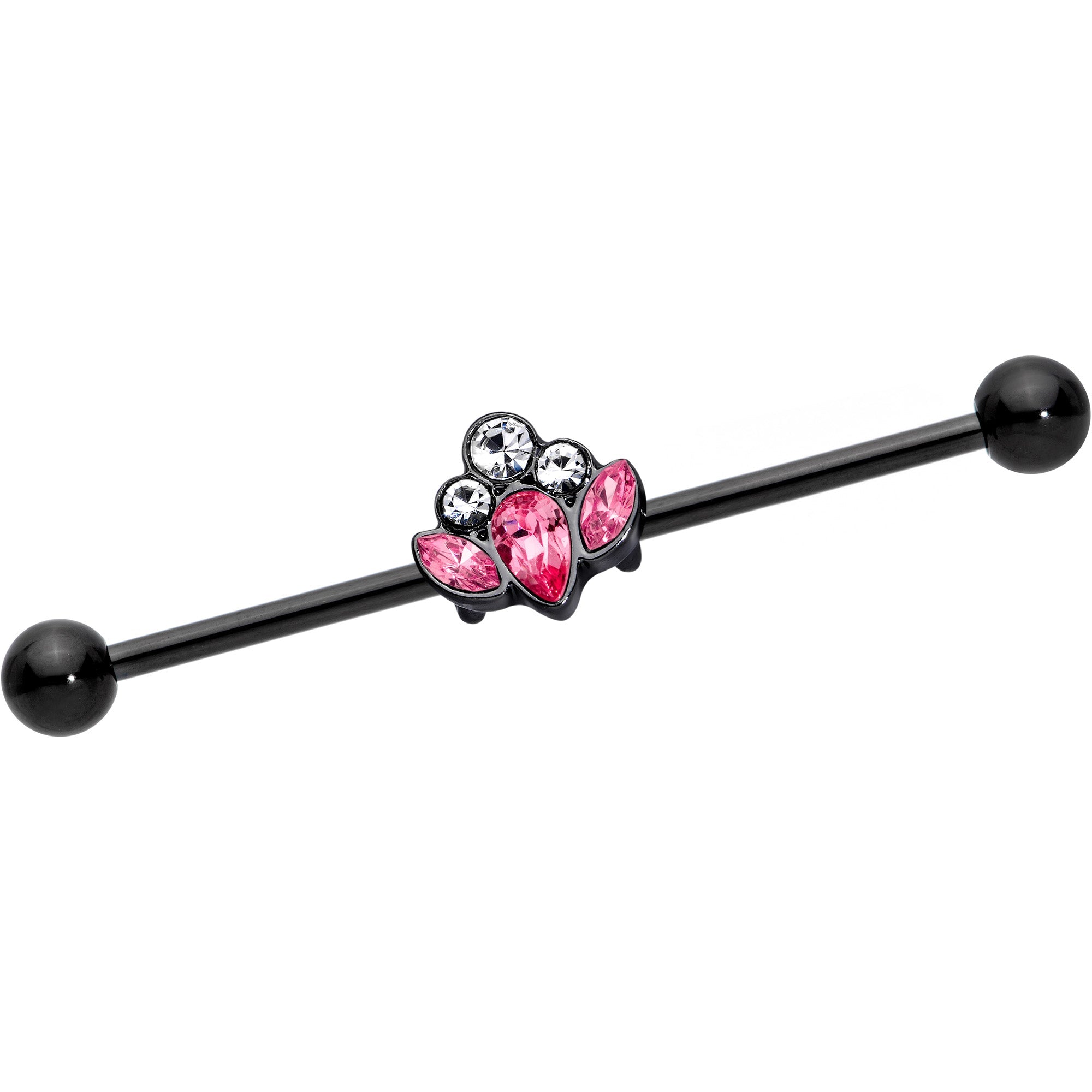 BodyCandy 14G Clear Pink Gem Black Anodized Classic Cluster Industrial Barbell 38mm — main product shot