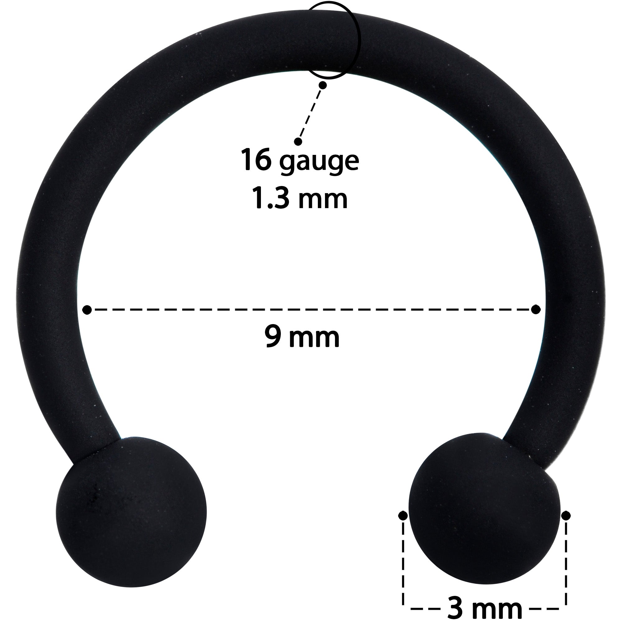 BodyCandy 16G 3/8 Beauteous Black Matte Horseshoe Circular Barbell — size reference