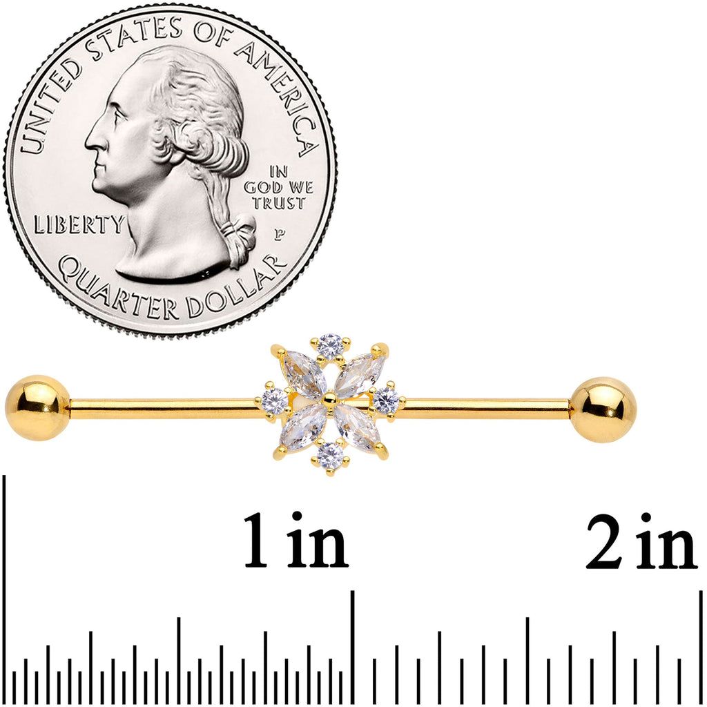 BodyCandy 14G Clear CZ Gem Gold Tone Star Burst Industrial Barbell 38mm — detail close-up