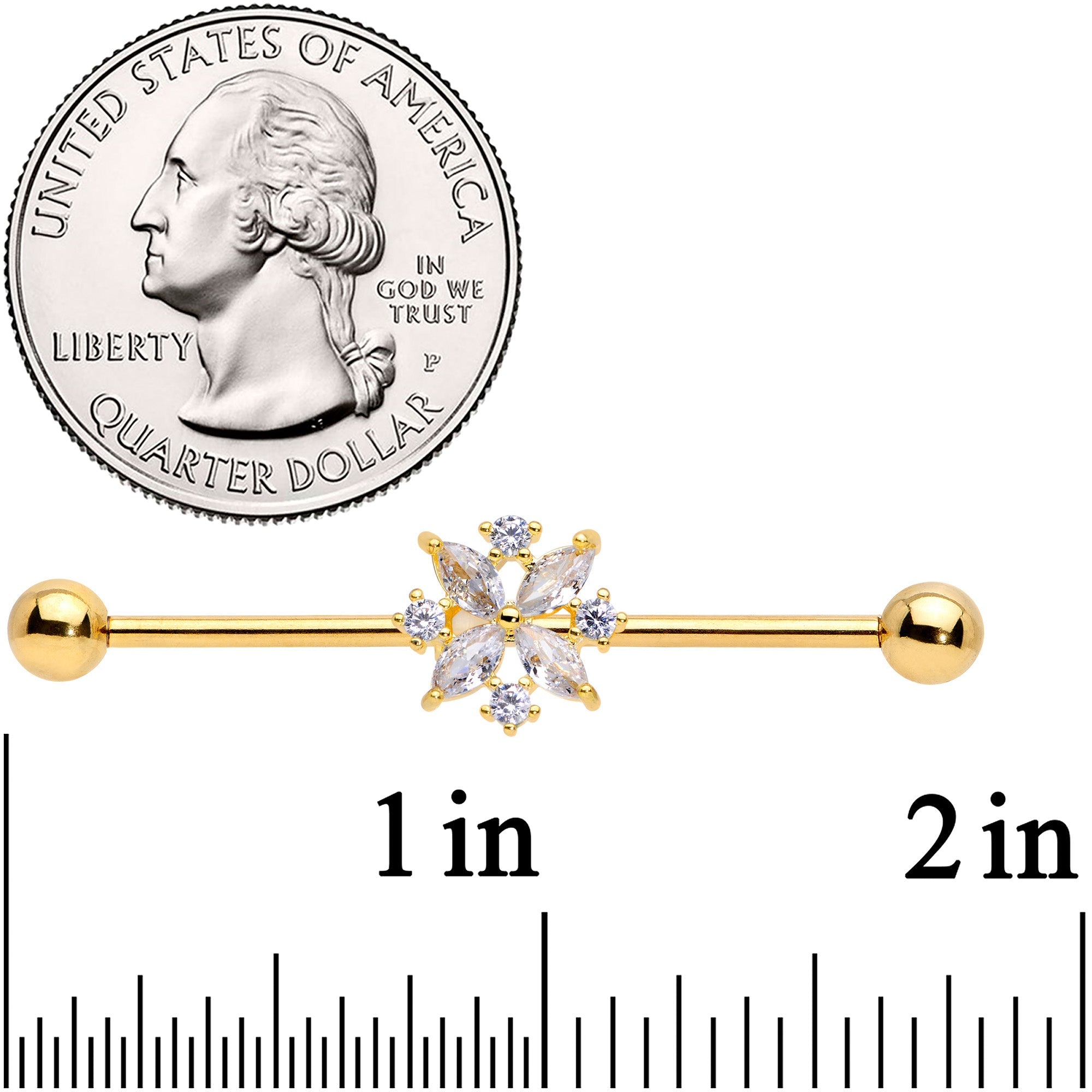 BodyCandy 14G Clear CZ Gem Gold Tone Star Burst Industrial Barbell 38mm — detail close-up