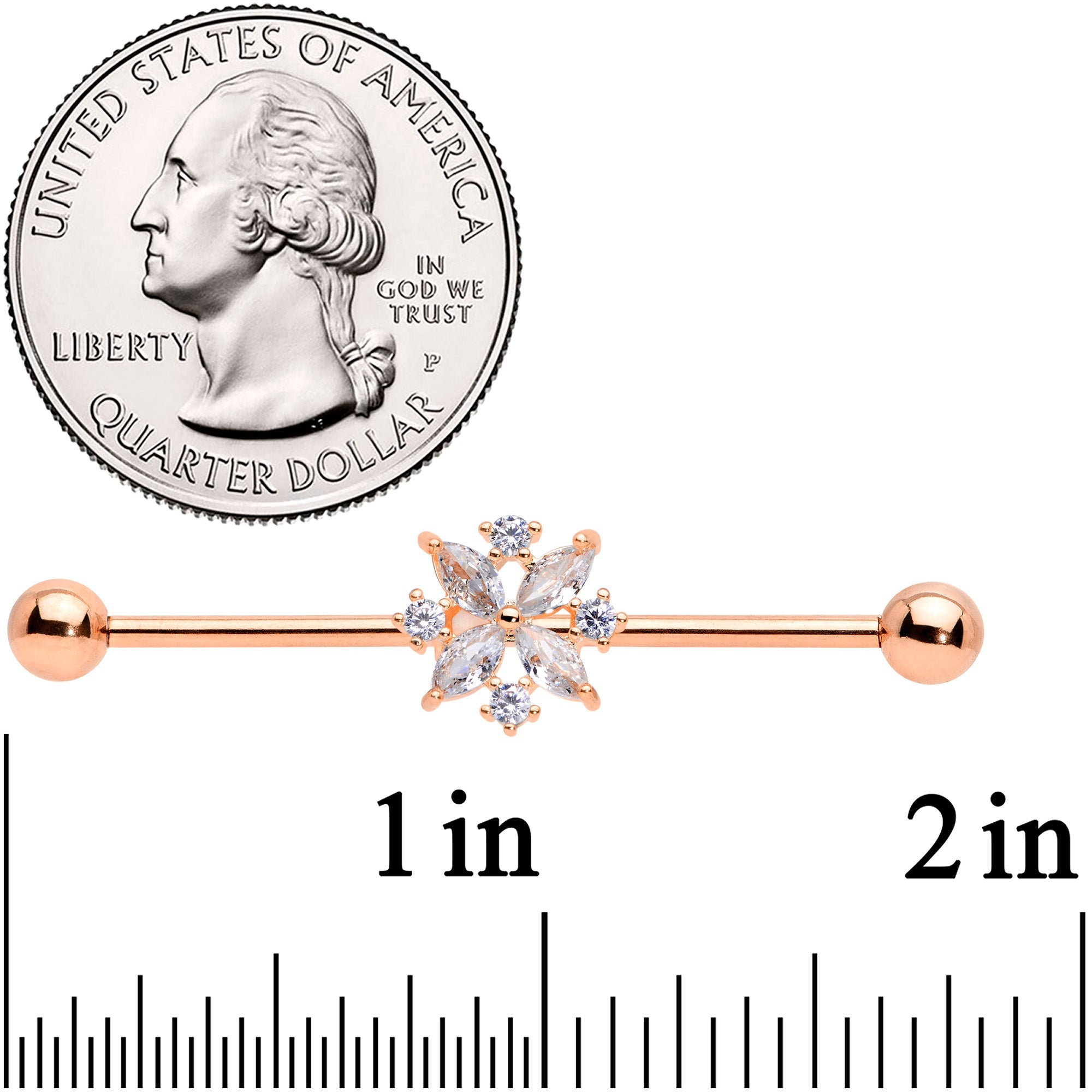BodyCandy 14G Clear CZ Gem Rose Gold Tone Star Burst Industrial Barbell 38mm — side view