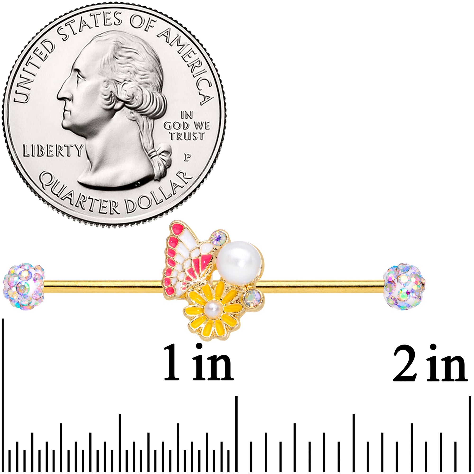 BodyCandy 14G Aurora Gem Gold Tone Butterfly Flower Industrial Barbell 38mm — side view