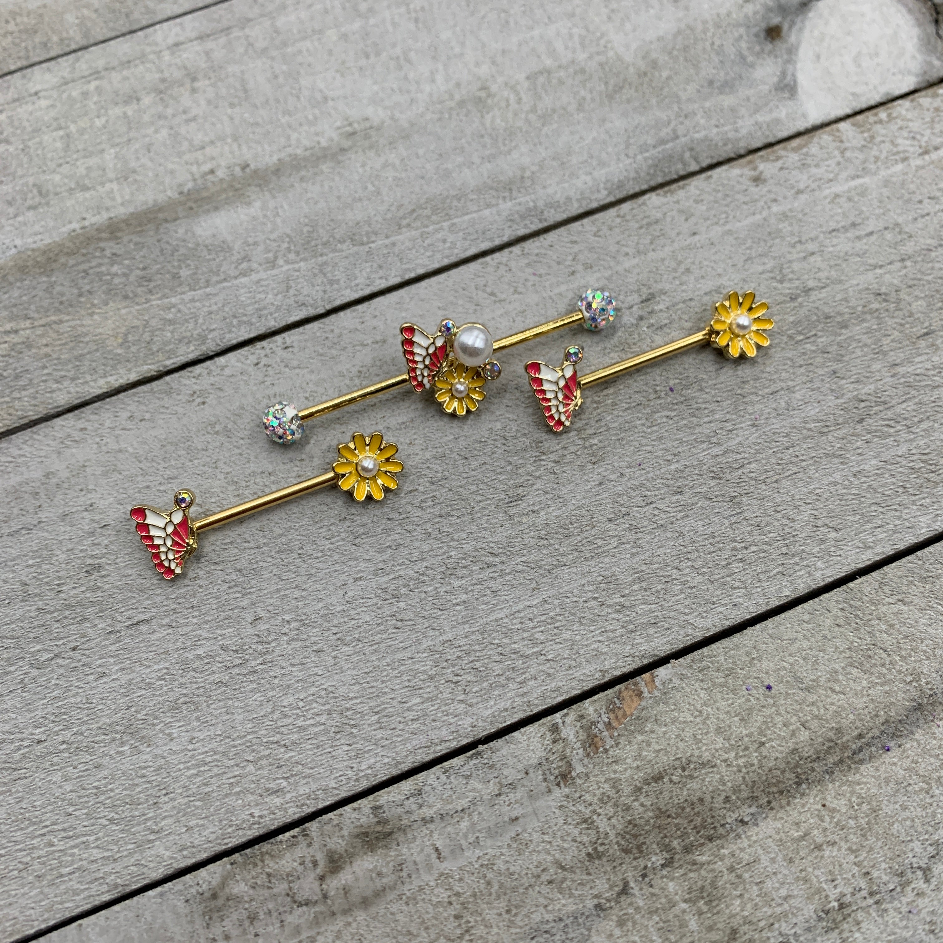 BodyCandy 14G Aurora Gem Gold Tone Butterfly Flower Industrial Barbell 38mm — lifestyle context