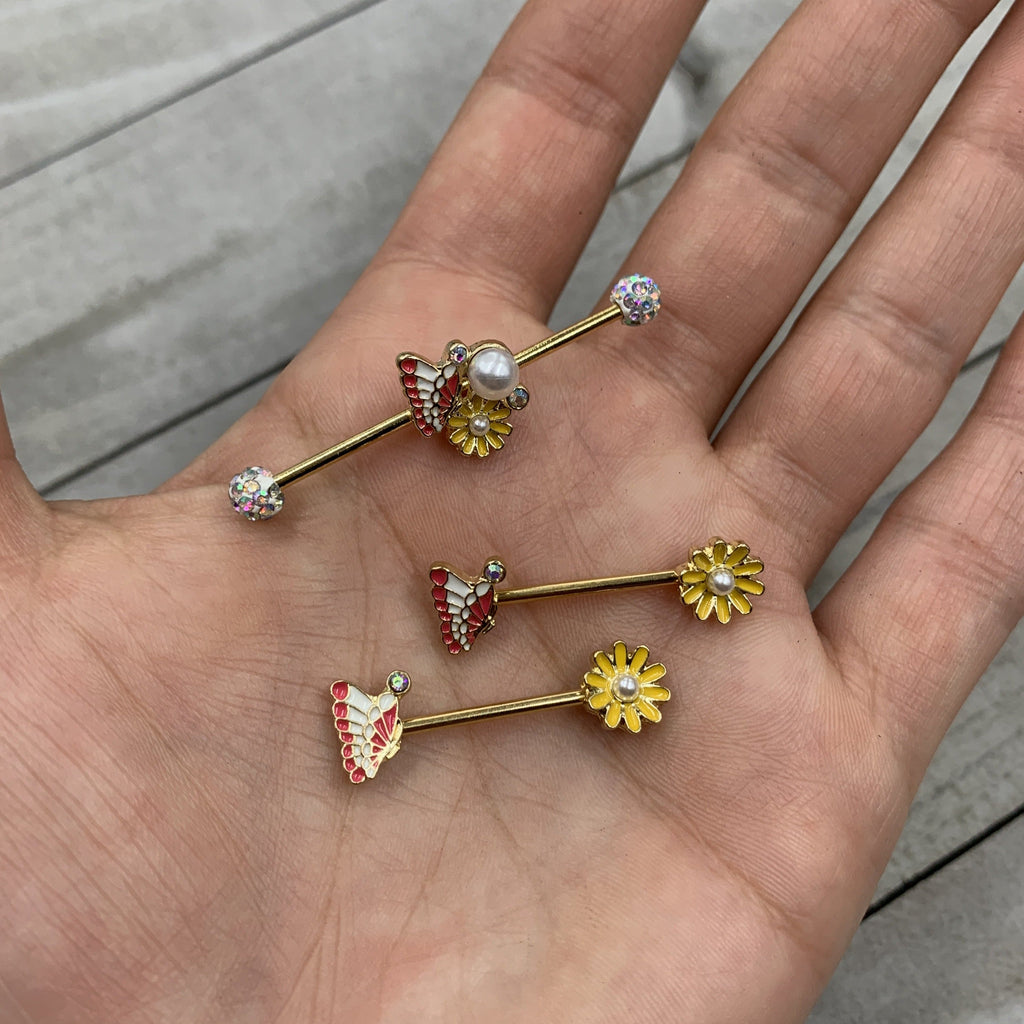 BodyCandy 14G Aurora Gem Gold Tone Butterfly Flower Industrial Barbell 38mm — detail close-up