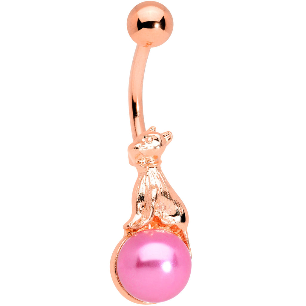BodyCandy Rose Gold Tone Dog on Pink Orb Belly Ring — main product shot