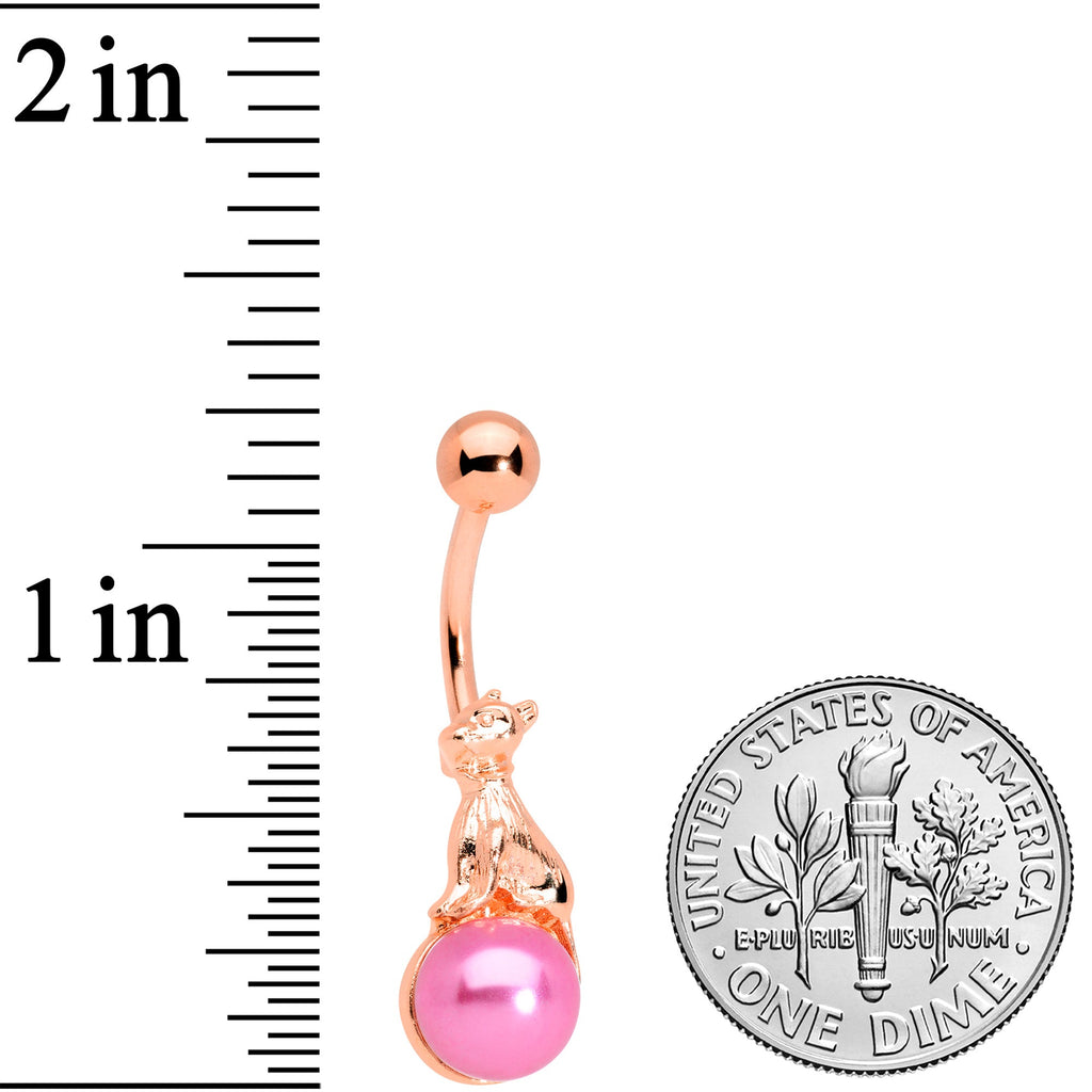BodyCandy Rose Gold Tone Dog on Pink Orb Belly Ring — detail close-up