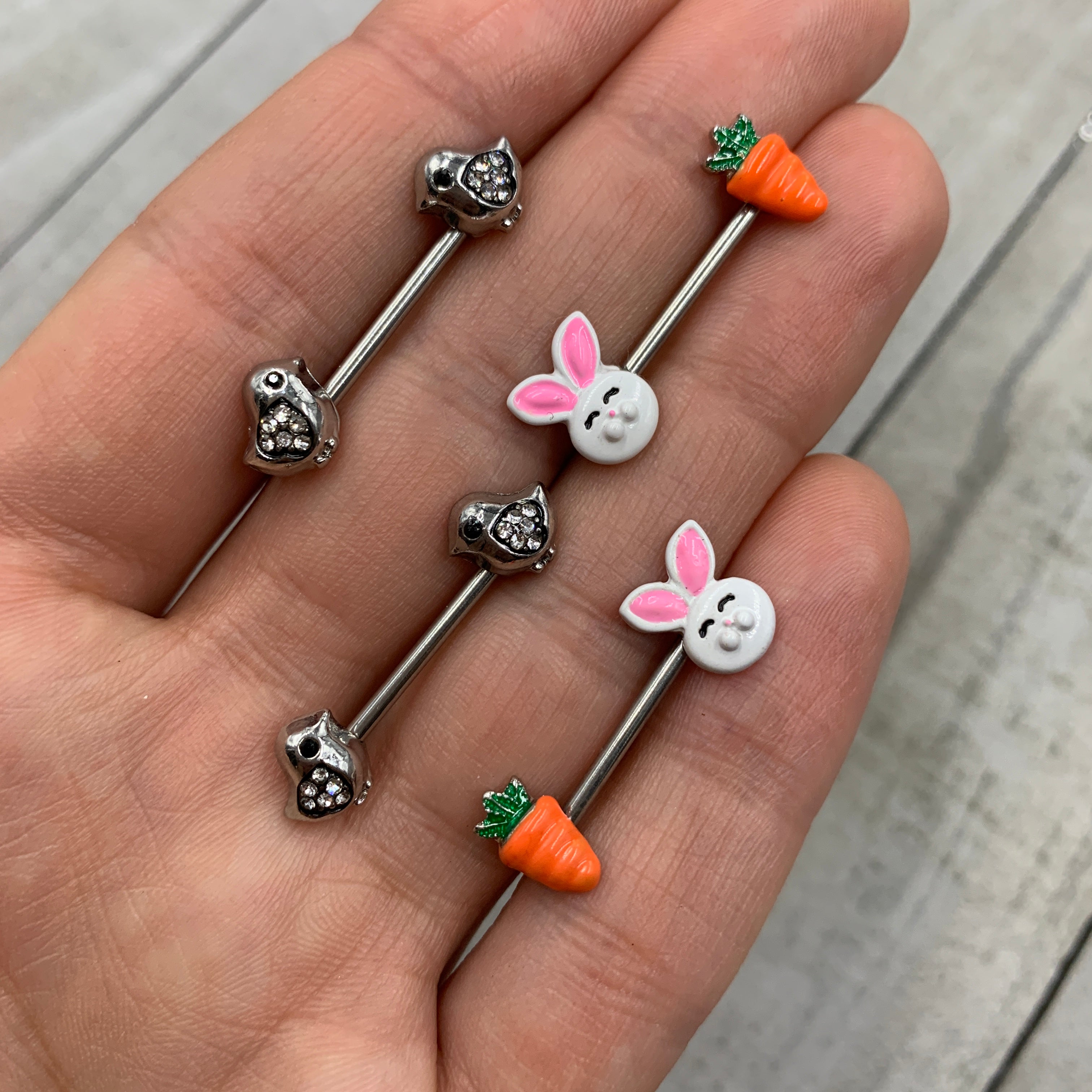 BodyCandy 14G 9/16 Clear Gem Easter Chick Nipple Ring Set — detail close-up