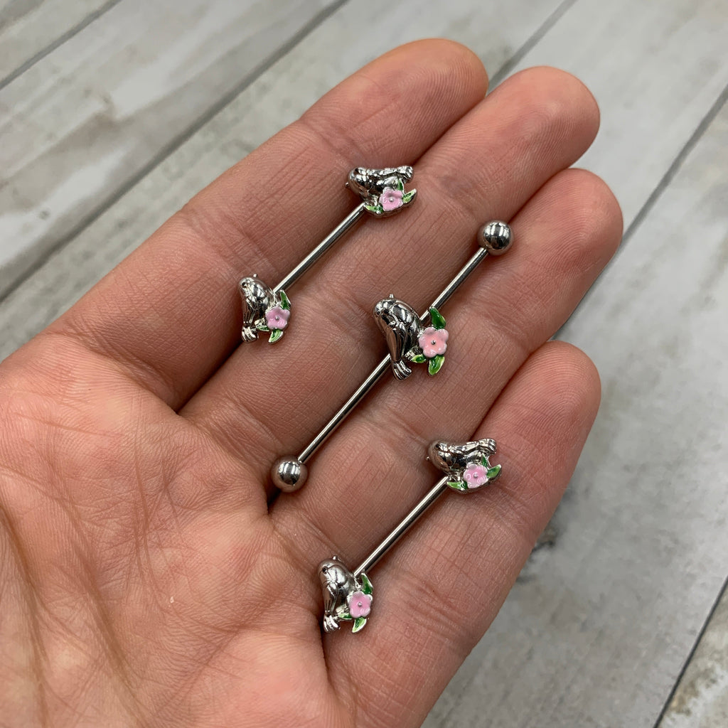 BodyCandy 14G Bird Pink Flower Industrial Barbell 38mm — detail close-up