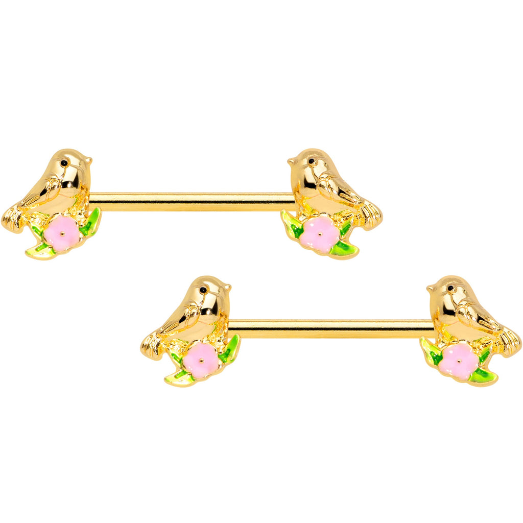 BodyCandy 14G 9/16 Gold Tone Bird Pink Flower Barbell Nipple Ring Set — main product shot