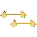 BodyCandy 14G 9/16 Gold Tone Bird Pink Flower Barbell Nipple Ring Set — main product shot