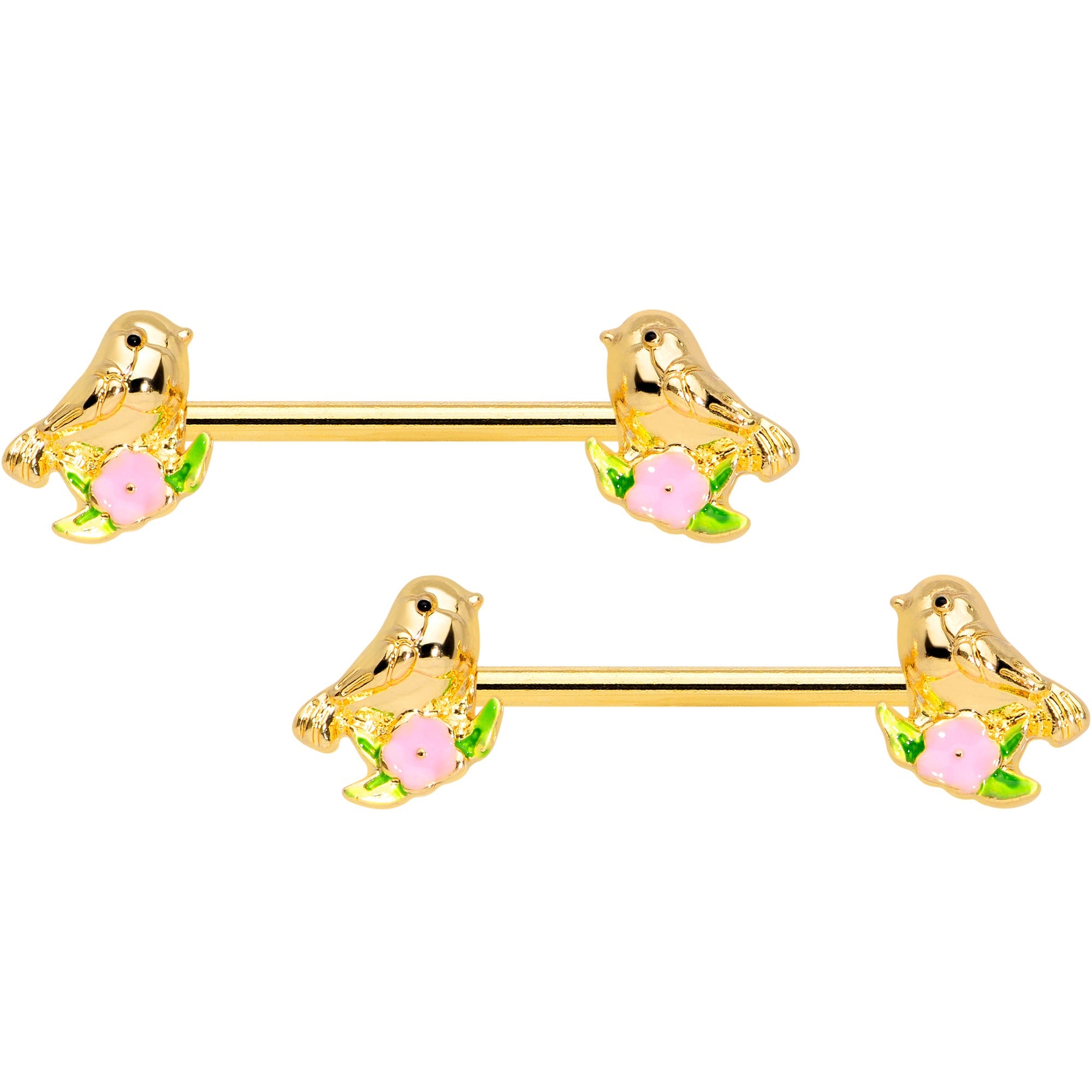 BodyCandy 14G 9/16 Gold Tone Bird Pink Flower Barbell Nipple Ring Set — main product shot