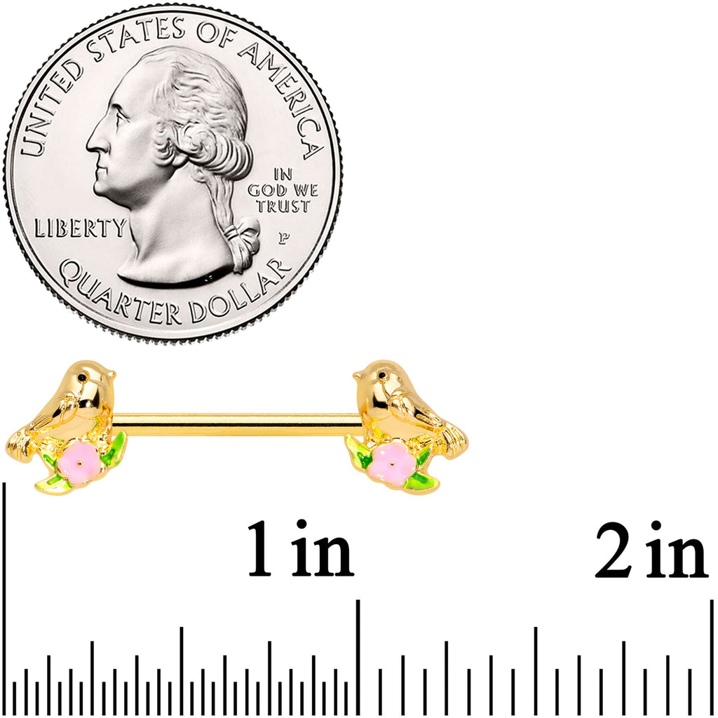 BodyCandy 14G 9/16 Gold Tone Bird Pink Flower Barbell Nipple Ring Set — detail close-up